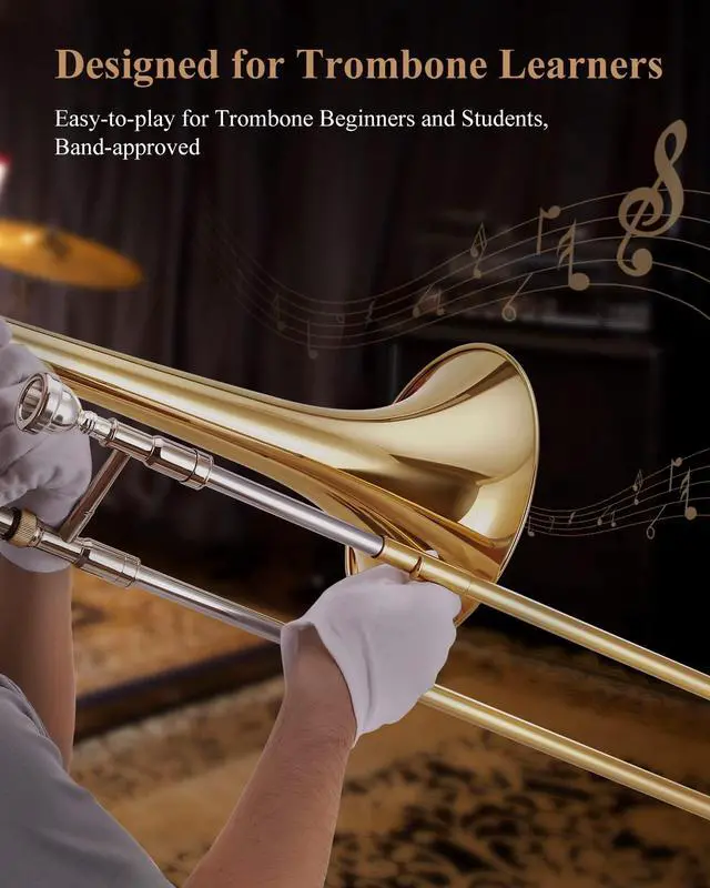 Alt view image 5 of 7 - Bb Tenor Slide Trombone for Beginners Students, B Flat Brass Plated Trombone Instrument with Mouthpiece, White Gloves, Cleaning Kit, ETB-330, Golden