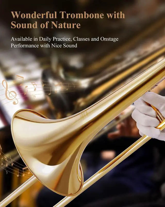 Alt view image 4 of 7 - Bb Tenor Slide Trombone for Beginners Students, B Flat Brass Plated Trombone Instrument with Mouthpiece, White Gloves, Cleaning Kit, ETB-330, Golden