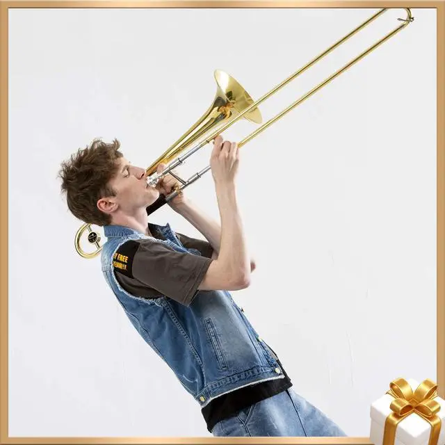 Alt view image 6 of 7 - Bb Tenor Slide Trombone for Beginners Students, B Flat Brass Plated Trombone Instrument with Mouthpiece, White Gloves, Cleaning Kit, ETB-330, Golden