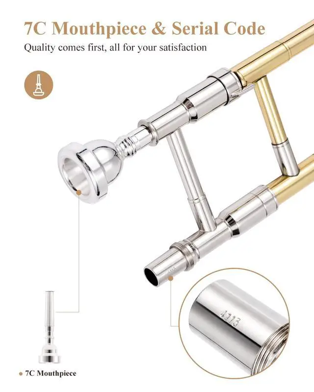 Alt view image 7 of 7 - Bb Tenor Slide Trombone for Beginners Students, B Flat Brass Plated Trombone Instrument with Mouthpiece, White Gloves, Cleaning Kit, ETB-330, Golden