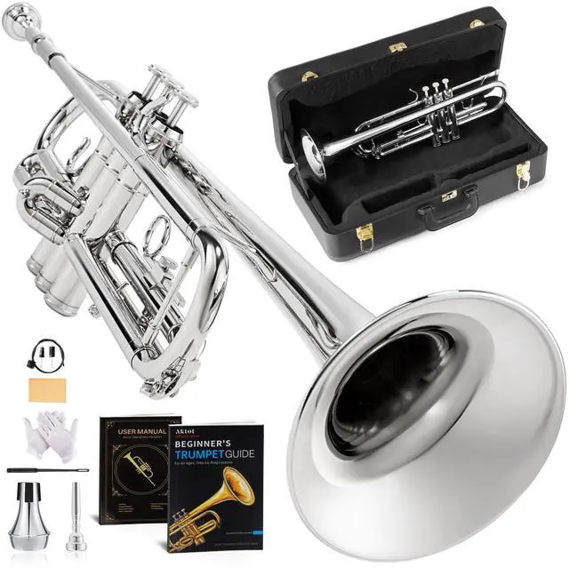 Main image of Hand-Hammered Bell Bb Trumpet: Smooth Valve Action, Clear-Lacquered Brass Body, Standard Trumpet Beginner Set with Leather Case, Lesson Book, Trumpet Mute, Mouthpiece, Cleaning Kit (SNR-BrzSS)