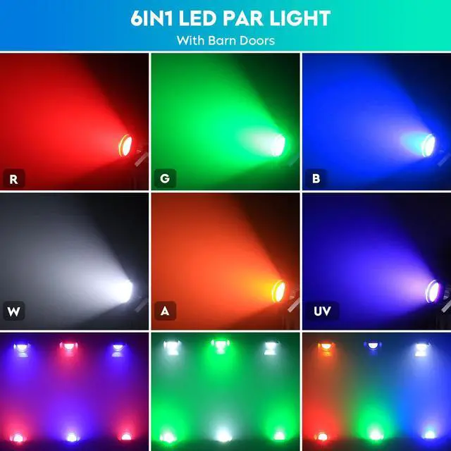 Alt view image 3 of 7 - Stage Lights with Barn Doors, 200W LED Par Can Lights, 6 in 1 COB Spotlights RGBWA+UV DMX512 Sound Activated Uplights for Parties Events Wedding Theater Church Concert Dance