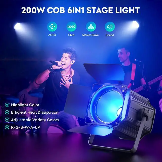 Alt view image 2 of 7 - Stage Lights with Barn Doors, 200W LED Par Can Lights, 6 in 1 COB Spotlights RGBWA+UV DMX512 Sound Activated Uplights for Parties Events Wedding Theater Church Concert Dance