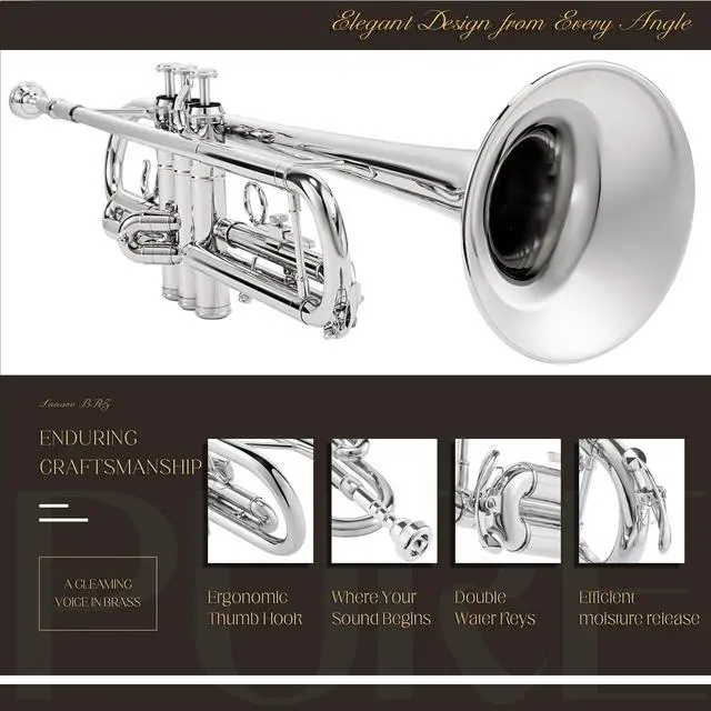 Alt view image 7 of 7 - Hand-Hammered Bell Bb Trumpet: Smooth Valve Action, Clear-Lacquered Brass Body, Standard Trumpet Beginner Set with Leather Case, Lesson Book, Trumpet Mute, Mouthpiece, Cleaning Kit (SNR-BrzSS)