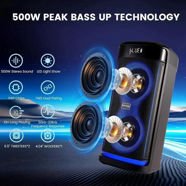 Alt view image 2 of 7 - Karaoke Machine for Adults, Portable Bluetooth Speaker with 2 Wireless Microphones 500W(Peak), RGB Light Show, 10H, TWS Party Speaker for Party Indoor Outdoor Backyard-Supports USB/AUX/Mic-in