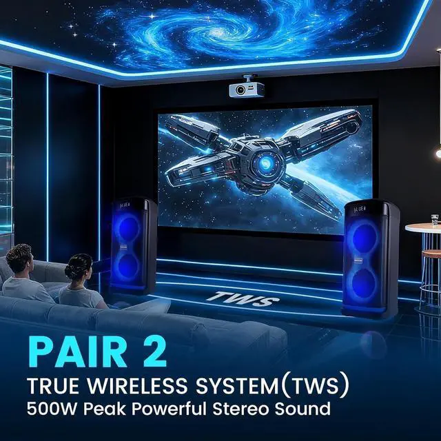 Alt view image 7 of 7 - Karaoke Machine for Adults, Portable Bluetooth Speaker with 2 Wireless Microphones 500W(Peak), RGB Light Show, 10H, TWS Party Speaker for Party Indoor Outdoor Backyard-Supports USB/AUX/Mic-in