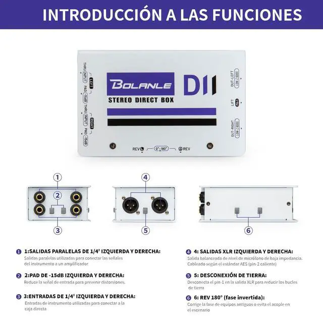 Alt view image 3 of 6 - D2 Premium Passive Stereo DI Box, 2 Channel Direct Box with -15dB Pad, Ground Lift & Polarity Switch, XLR Thru Output for Guitar, Bass, Keyboard, Live Stage, Church PA System