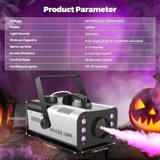 Alt view image 7 of 7 - 1200W Fog Machine, Halloween Smoke Machine with 14 Colors Lights & Wireless Remote Control, 6000CFM Haze Machine for Wedding, Party, Stage, Indoor, Outdoor