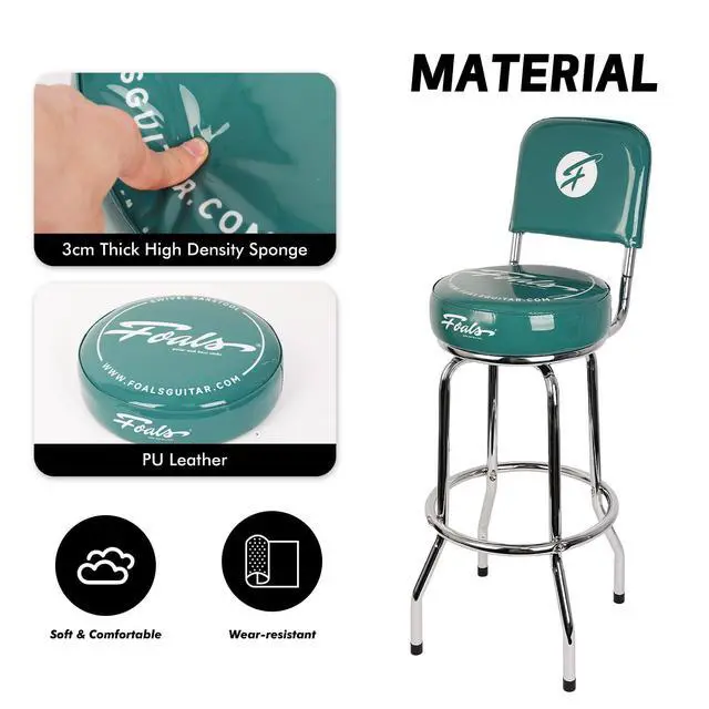 Alt view image 4 of 6 - Upgrade Guitar Stool Seat,360° Swivel Guitar Stools with PU Leather Padded Cushion, Ergonomic Backrest, Anti-Slip Foot Pads,Comfortable Tall Guitar Seat, FBS-30(Green)