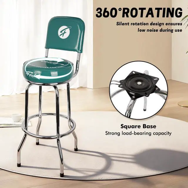 Alt view image 3 of 6 - Upgrade Guitar Stool Seat,360° Swivel Guitar Stools with PU Leather Padded Cushion, Ergonomic Backrest, Anti-Slip Foot Pads,Comfortable Tall Guitar Seat, FBS-30(Green)