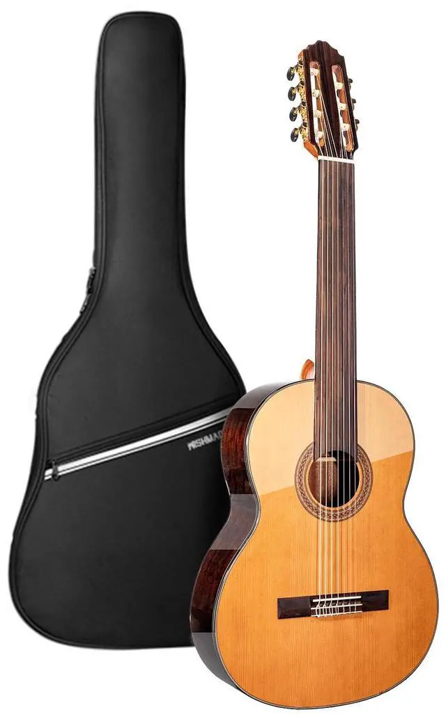 Main image of 7 String Fretless Acoustic Classical Nylon Guitar with Gig Bag | Red cedar top, rosewood fingerboard,Additional low B string for classical, jazz, flamenco, fingerstyle playing, adults