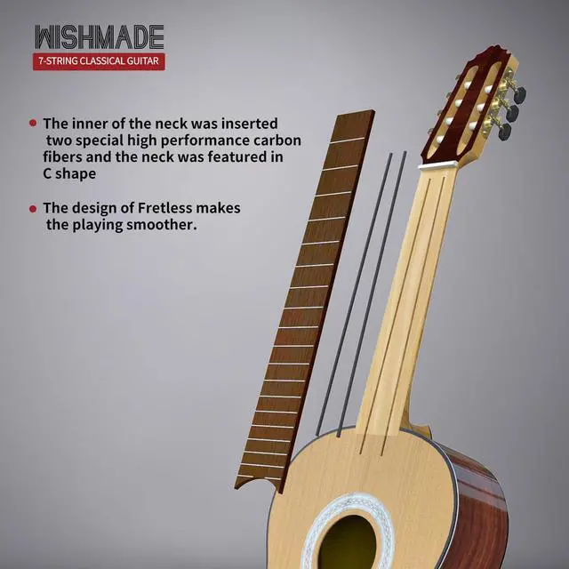 Alt view image 6 of 7 - 7 String Fretless Acoustic Classical Nylon Guitar with Gig Bag | Red cedar top, rosewood fingerboard,Additional low B string for classical, jazz, flamenco, fingerstyle playing, adults