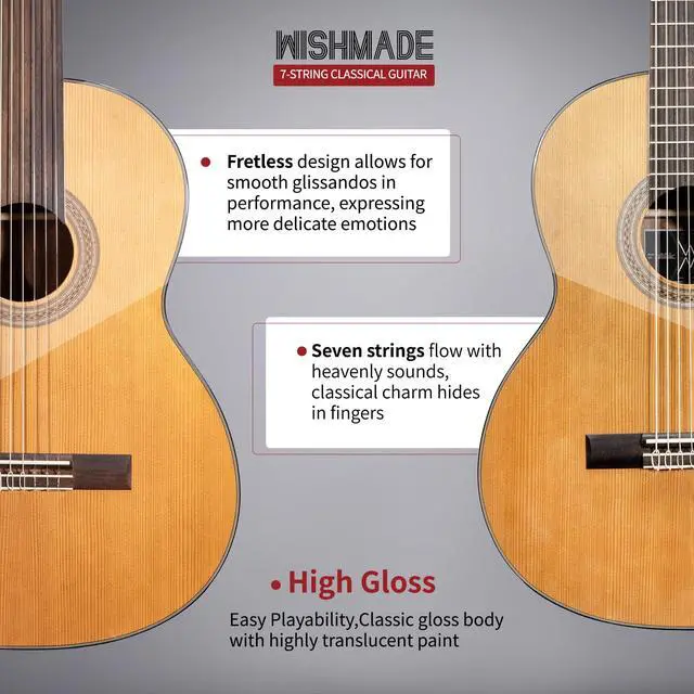 Alt view image 4 of 7 - 7 String Fretless Acoustic Classical Nylon Guitar with Gig Bag | Red cedar top, rosewood fingerboard,Additional low B string for classical, jazz, flamenco, fingerstyle playing, adults