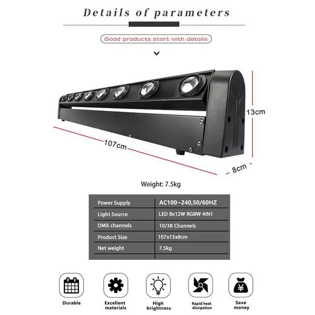 Alt view image 6 of 7 - Moving Head Led Light Bar LED 8x12W, RGBW 4IN1 | Beam & Dazzling Effect, 8° Lens, 180° Tilt,DMX & Sound Control dj Lighting for Stage, Wedding, Theater, Church, Disco