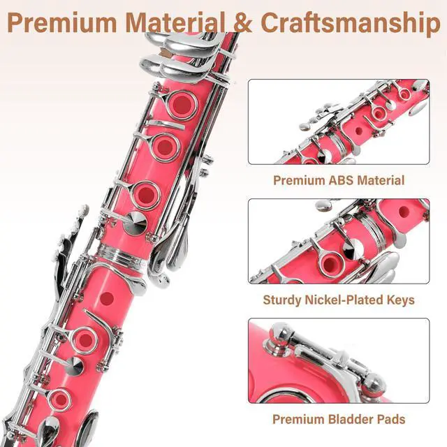 Alt view image 2 of 7 - Ebonite Bb Clarinet Kit with 2 Barrels - Pink | B Flat Clarinet Kit with 2 Barrels, 10 Reeds, Mouthpiece, Stand, Hard Case, Pocketbook, Cork Grease, Cleaning Cloth, Gloves