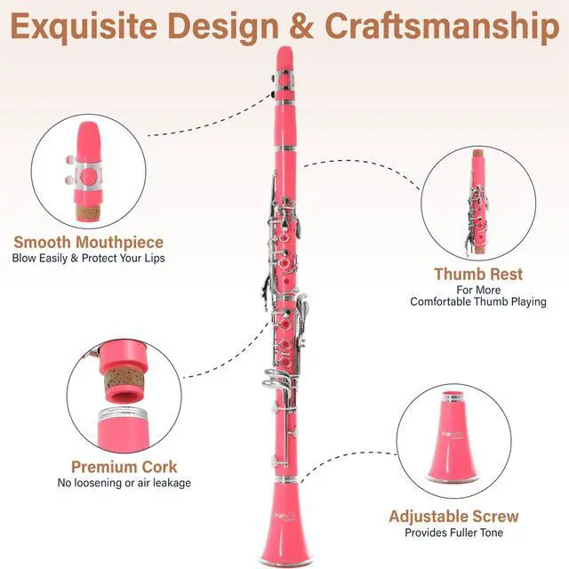 Alt view image 3 of 7 - Ebonite Bb Clarinet Kit with 2 Barrels - Pink | B Flat Clarinet Kit with 2 Barrels, 10 Reeds, Mouthpiece, Stand, Hard Case, Pocketbook, Cork Grease, Cleaning Cloth, Gloves