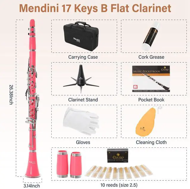 Alt view image 5 of 7 - Ebonite Bb Clarinet Kit with 2 Barrels - Pink | B Flat Clarinet Kit with 2 Barrels, 10 Reeds, Mouthpiece, Stand, Hard Case, Pocketbook, Cork Grease, Cleaning Cloth, Gloves