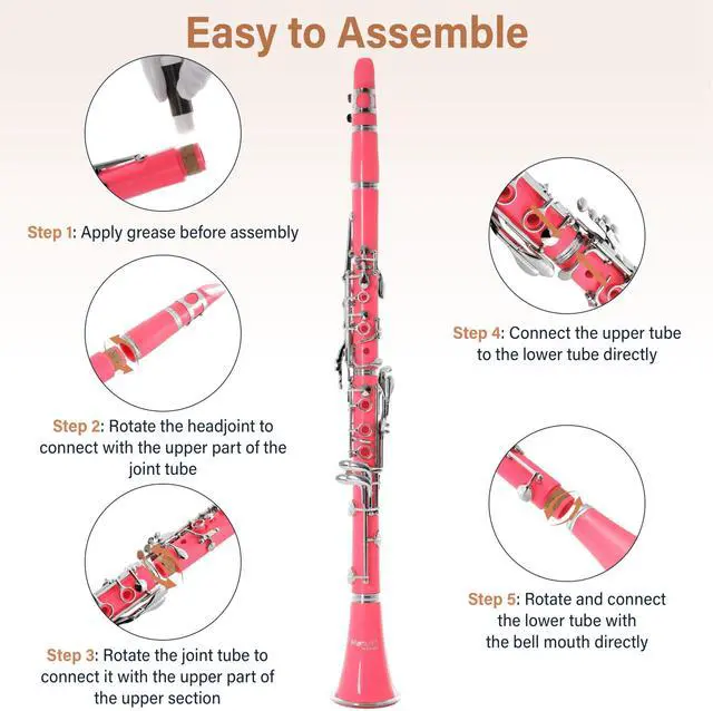 Alt view image 6 of 7 - Ebonite Bb Clarinet Kit with 2 Barrels - Pink | B Flat Clarinet Kit with 2 Barrels, 10 Reeds, Mouthpiece, Stand, Hard Case, Pocketbook, Cork Grease, Cleaning Cloth, Gloves