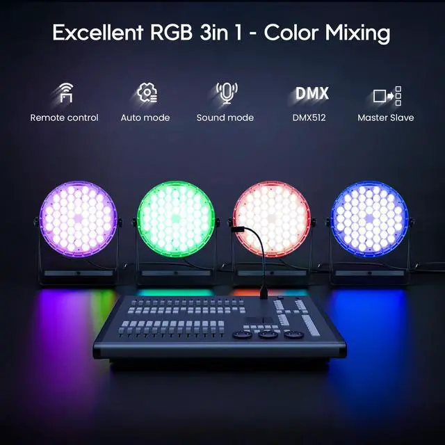 Alt view image 7 of 7 - 54x3W RGB LED Stage Par Lights with Remote Control, 4 Pack | Ultra-Bright LED Panel,One-piece die cast housing,Cooling system,Full RGB Color Mixing,Auto/Sound/DMX512/Master-slave Mode