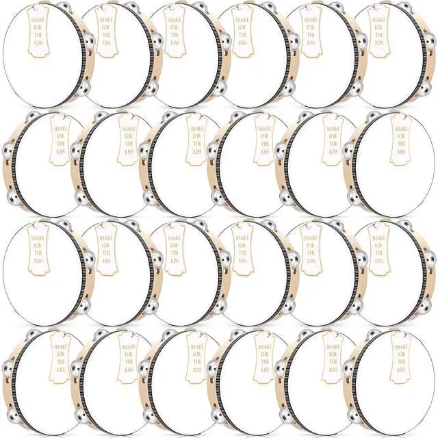 Main image of 24 Set 8 Inch Tambourine for Adults Wooden Hand Held Drum with Metal Jingles, Gift Tags, White I Love You Printed Ribbon Percussion Gift Musical Instrument for Church Wedding Party favor(Black)