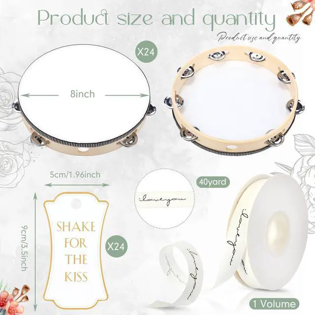 Alt view image 2 of 7 - 24 Set 8 Inch Tambourine for Adults Wooden Hand Held Drum with Metal Jingles, Gift Tags, White I Love You Printed Ribbon Percussion Gift Musical Instrument for Church Wedding Party favor(Black)