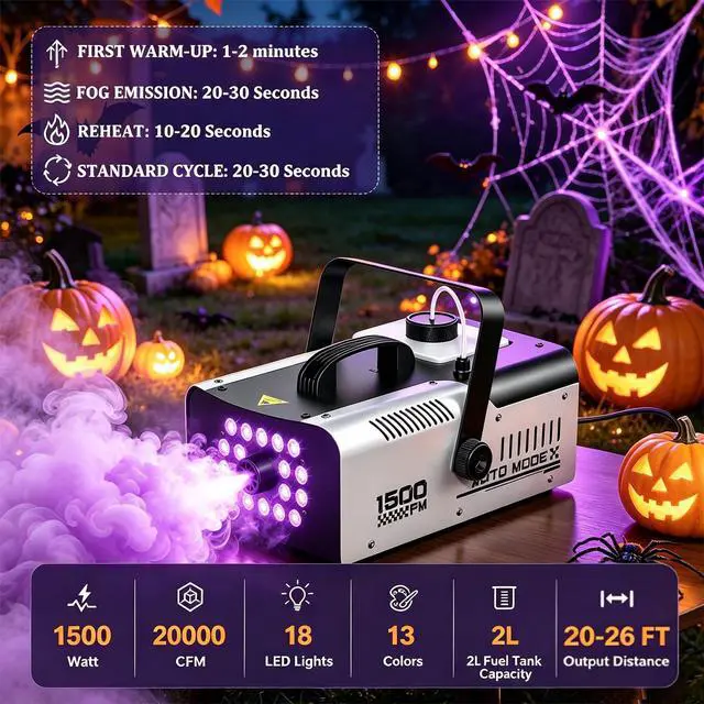 Alt view image 7 of 7 - 1500W Fog Machine Outdoor Indoor, Halloween Smoke Machine Fog 20000 CFM | 18 Lights, 13 Colors and Remote Controls for Party Stage Effect