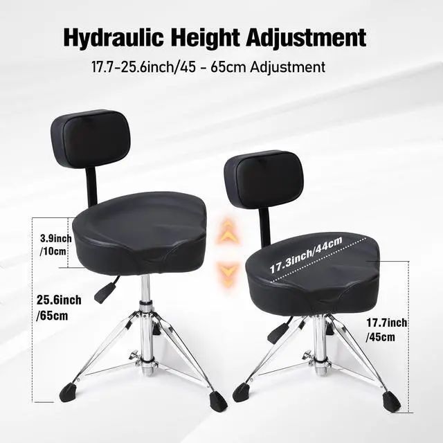 Alt view image 2 of 6 - Hydraulic Drum Throne with Backrest, Heavy Duty Drum Stool, Drummer Stool Adjustable Height, Motorcycle Style Drummers Seat with Back Support, Drummers Throne