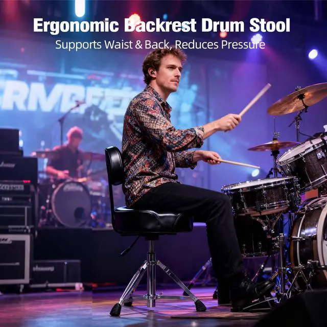 Alt view image 5 of 6 - Hydraulic Drum Throne with Backrest, Heavy Duty Drum Stool, Drummer Stool Adjustable Height, Motorcycle Style Drummers Seat with Back Support, Drummers Throne