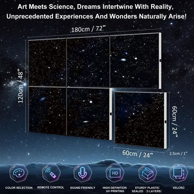 Alt view image 3 of 6 - Large Self-Adhesive Soundproof Wall Art Painting, 72" × 48", 6 Pcs | with Fiber Optic Starlight flashes(Design Originals), Celling Decoration, Noise Proof, for Studios, Office, Home, Starry Sky