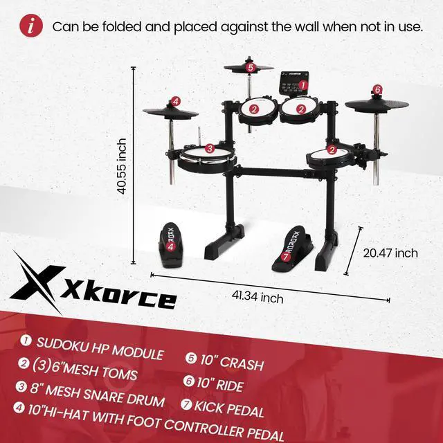 Alt view image 7 of 7 - Electronic Drum Set Electric Drum Kit with 4 Quiet Mesh Pads, 360 Sounds, 2 Pedals, Headphones, Sticks, Dual Bluetooth function, Suit for Beginner