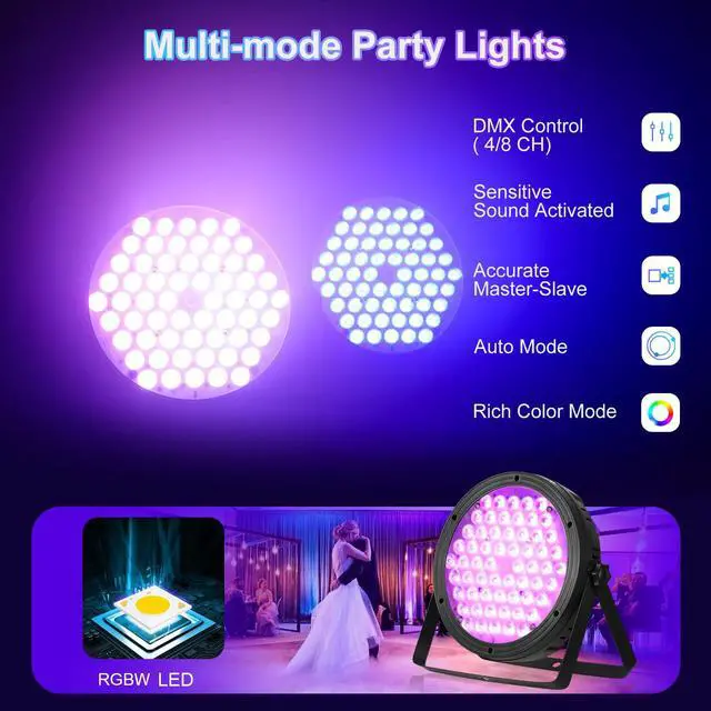 Alt view image 2 of 7 - Stage Lighting 120W Par Light RGBW 4-in-1 Stage Lights, DJ Light DMX for Concert and Events,2 Packs