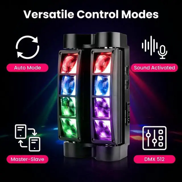 Alt view image 2 of 7 - 8x10W Spider Moving Head DJ Light, RGBW LED Stage Light 2 Packs | 8 LED RGBW Beams, Sound Activated & DMX512 Control, Easy Install, Mini DJ Lights for Parties Wedding Club Disco Live Show