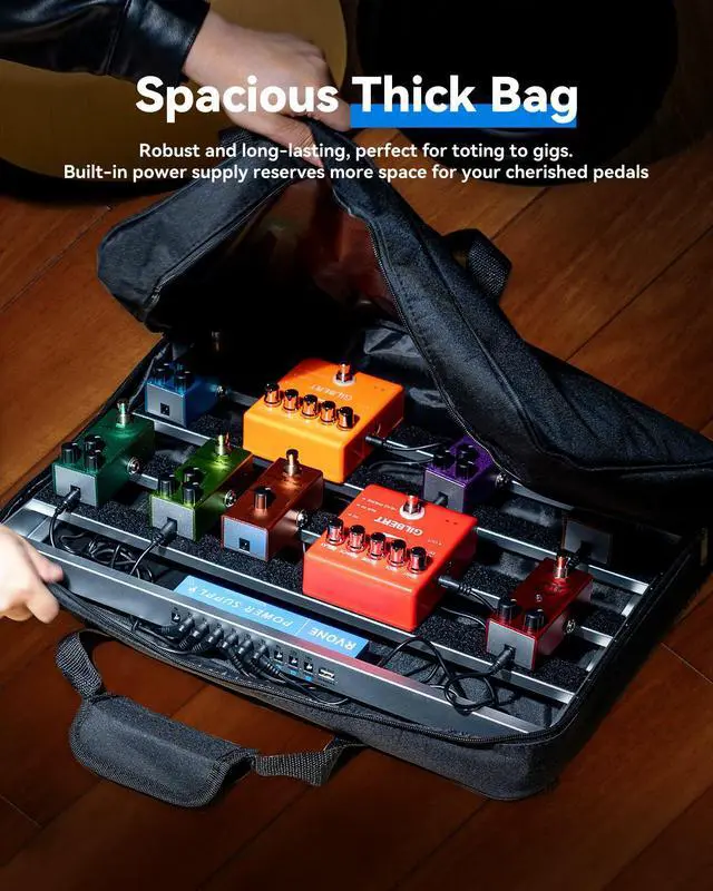 Alt view image 4 of 7 - Guitar Pedal Board with Built-in Power Supply, Aluminum Alloy Portable Pedalboard with Bag, Pedal Cables, Hook&Loop (19.09x12.16")