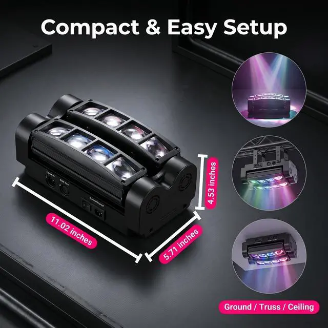 Alt view image 4 of 7 - 8x10W Spider Moving Head DJ Light, RGBW LED Stage Light 2 Packs | 8 LED RGBW Beams, Sound Activated & DMX512 Control, Easy Install, Mini DJ Lights for Parties Wedding Club Disco Live Show