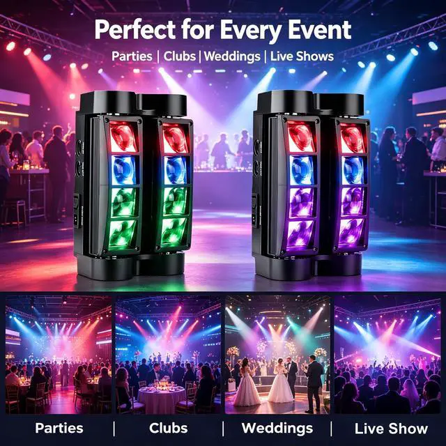 Alt view image 5 of 7 - 8x10W Spider Moving Head DJ Light, RGBW LED Stage Light 2 Packs | 8 LED RGBW Beams, Sound Activated & DMX512 Control, Easy Install, Mini DJ Lights for Parties Wedding Club Disco Live Show