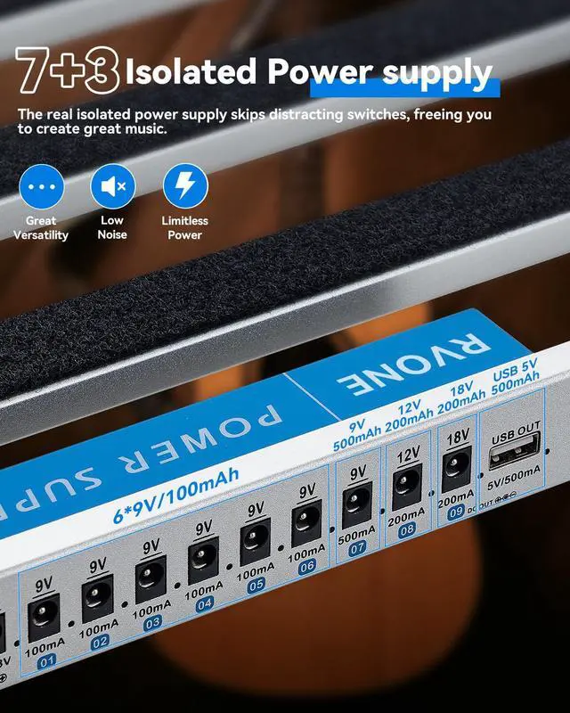 Alt view image 7 of 7 - Guitar Pedal Board with Built-in Power Supply, Aluminum Alloy Portable Pedalboard with Bag, Pedal Cables, Hook&Loop (19.09x12.16")