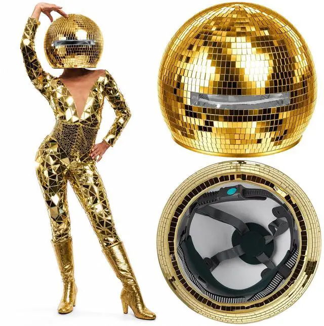 Main image of 11.81 Inch Disco Ball Helmet Adult Gold Glitter Glass Hat Novelty Punk Disco Ball Costume Cosplay for Nightclubs Parties Bar Djs Stage