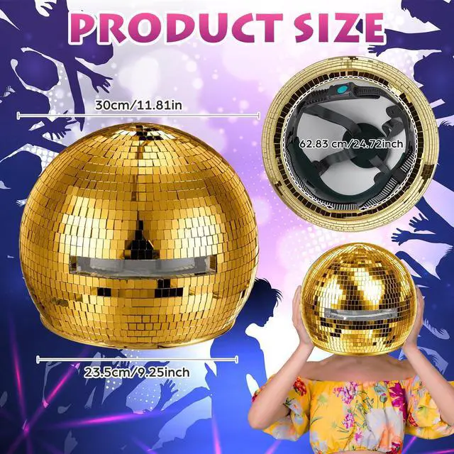 Alt view image 2 of 7 - 11.81 Inch Disco Ball Helmet Adult Gold Glitter Glass Hat Novelty Punk Disco Ball Costume Cosplay for Nightclubs Parties Bar Djs Stage