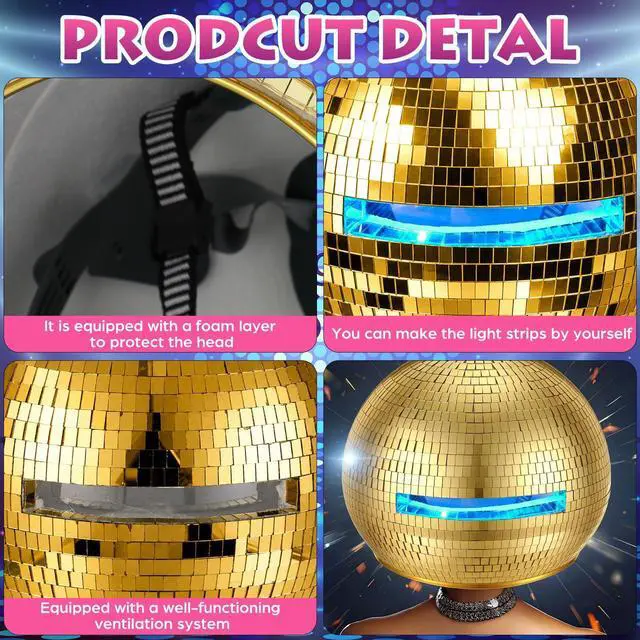 Alt view image 3 of 7 - 11.81 Inch Disco Ball Helmet Adult Gold Glitter Glass Hat Novelty Punk Disco Ball Costume Cosplay for Nightclubs Parties Bar Djs Stage