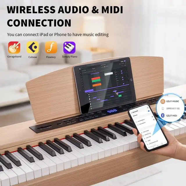 Alt view image 6 of 7 - Digital Piano Keyboard Hammer Weighted 88 Keys, Full Size Electric Piano for Beginners, with LCD Display and Triple Pedal, Supports USB-MIDI/Wireless Connect, ADP-50