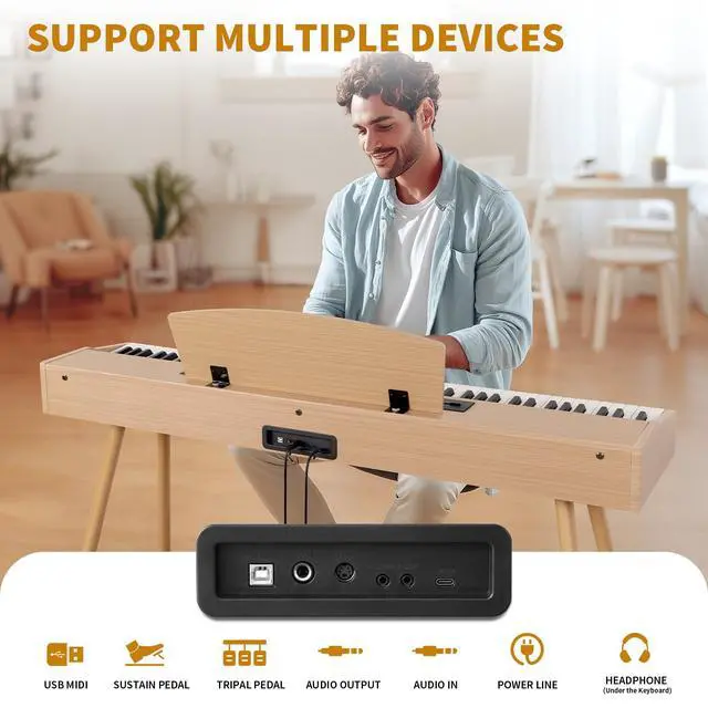 Alt view image 7 of 7 - Digital Piano Keyboard Hammer Weighted 88 Keys, Full Size Electric Piano for Beginners, with LCD Display and Triple Pedal, Supports USB-MIDI/Wireless Connect, ADP-50