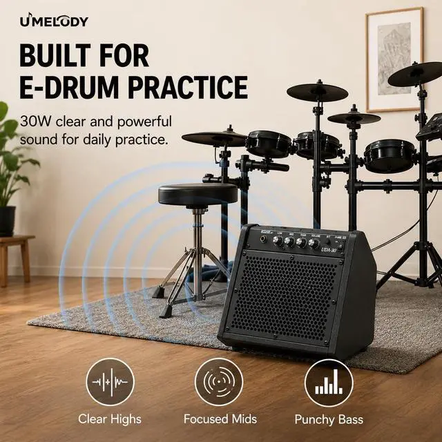 Alt view image 2 of 7 - Electric Drum Amplifier 30W Wireless Drum Speaker with 3-Band EQ, Portable E Drum Amp for Electronic Drum Set, Guitar & Keyboard, Compact Practice Amp for Home Studio