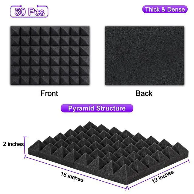 Alt view image 2 of 6 - Thick Acoustic Foam Panels, 16 X 12 X 2 Inches 50 Pcs Pyramid Sound Absorbing Foam, Dense Soundproof Padding Tile, Recording Studio Foams Absorber, Decorative 3D Wall Ceiling Panel