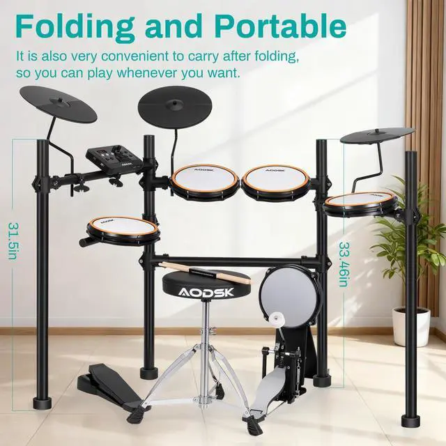 Alt view image 2 of 7 - Electric Drum Set with Quiet Mesh Pads,Electronic Drum for Beginner,USB MIDI,Throne,Headphones,Sticks, Included 40 Kits and 450 Sounds
