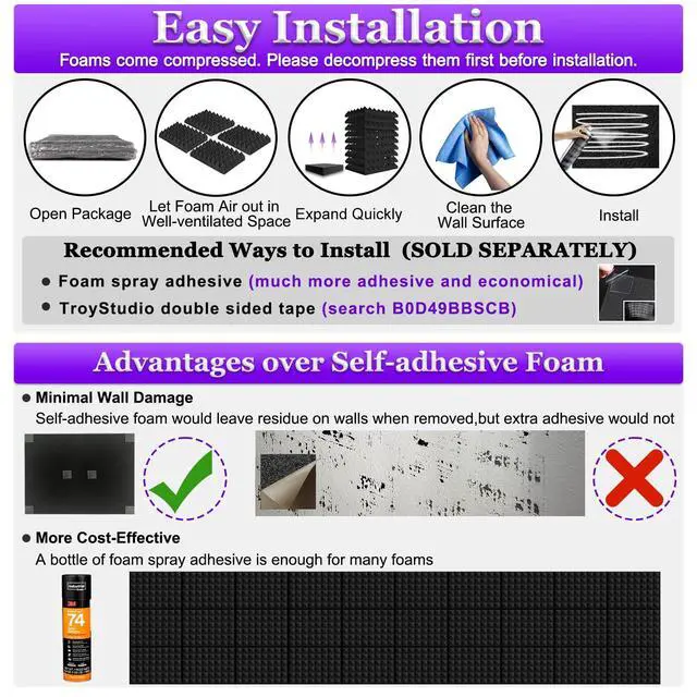 Alt view image 6 of 6 - Thick Acoustic Foam Panels, 16 X 12 X 2 Inches 50 Pcs Pyramid Sound Absorbing Foam, Dense Soundproof Padding Tile, Recording Studio Foams Absorber, Decorative 3D Wall Ceiling Panel
