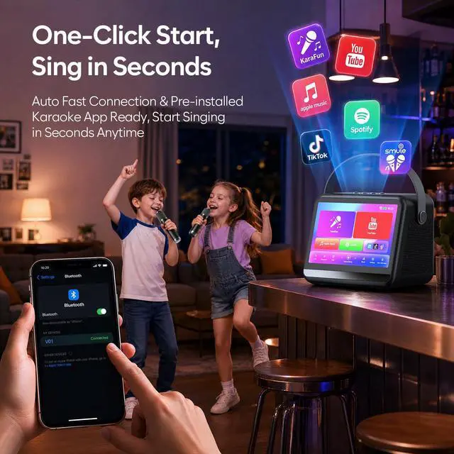 Alt view image 3 of 7 - Karaoke Machine with Lyrics Display, Portable Bluetooth Speaker with 7 inch HD Touch Screen, WiFi Karaoke Player with 2 Wireless Mics for Home Party Family Gathering Birthday Gifts(Gray)