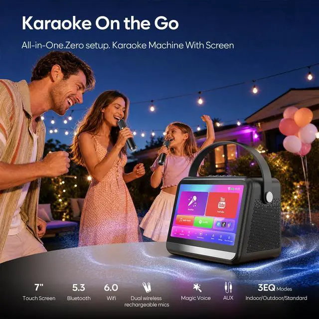 Alt view image 2 of 7 - Karaoke Machine with Lyrics Display, Portable Bluetooth Speaker with 7 inch HD Touch Screen, WiFi Karaoke Player with 2 Wireless Mics for Home Party Family Gathering Birthday Gifts(Gray)