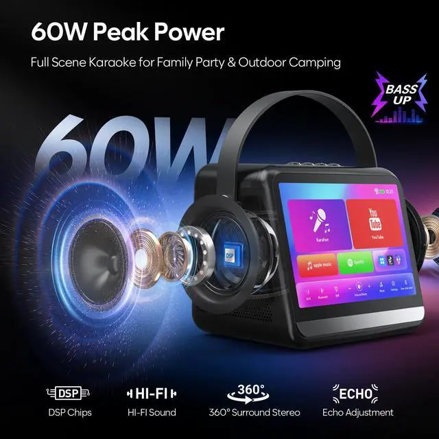 Alt view image 4 of 7 - Karaoke Machine with Lyrics Display, Portable Bluetooth Speaker with 7 inch HD Touch Screen, WiFi Karaoke Player with 2 Wireless Mics for Home Party Family Gathering Birthday Gifts(Gray)