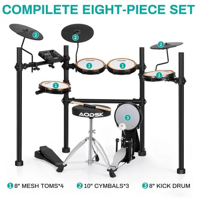 Alt view image 6 of 7 - Electric Drum Set with Quiet Mesh Pads,Electronic Drum for Beginner,USB MIDI,Throne,Headphones,Sticks, Included 40 Kits and 450 Sounds