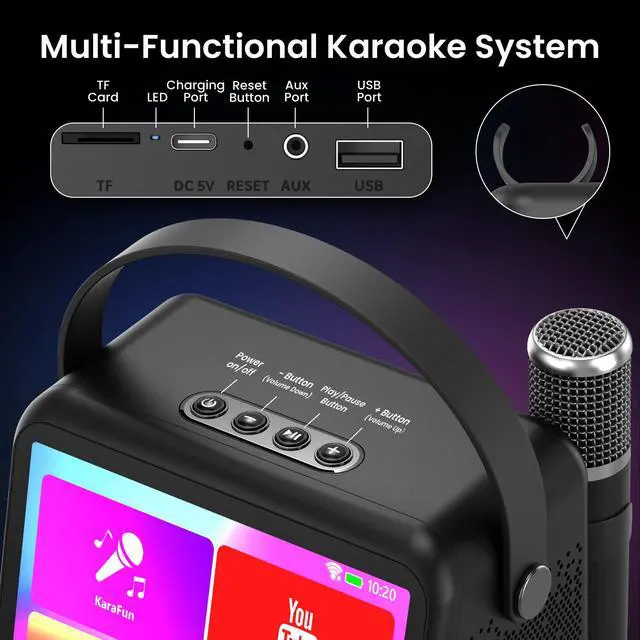 Alt view image 7 of 7 - Karaoke Machine with Lyrics Display, Portable Bluetooth Speaker with 7 inch HD Touch Screen, WiFi Karaoke Player with 2 Wireless Mics for Home Party Family Gathering Birthday Gifts(Gray)